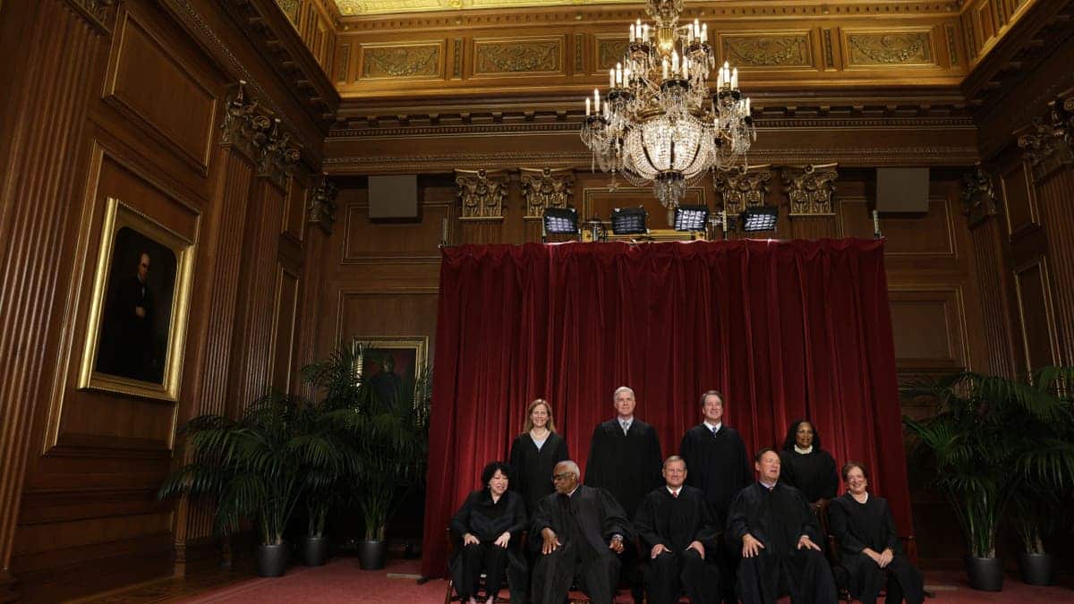 Supreme Court justices posing for official group portrait in Washington, D.C.