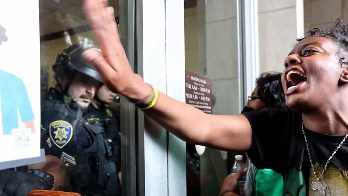 UCLA police officers securing Dodd Hall on campus