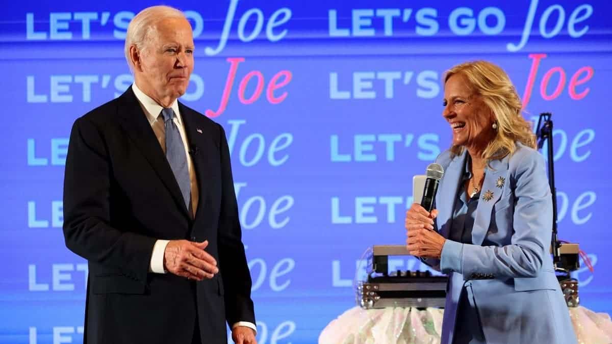 President Joe Biden and first lady Jill Biden speaking at a watch party in Atlanta Georgia