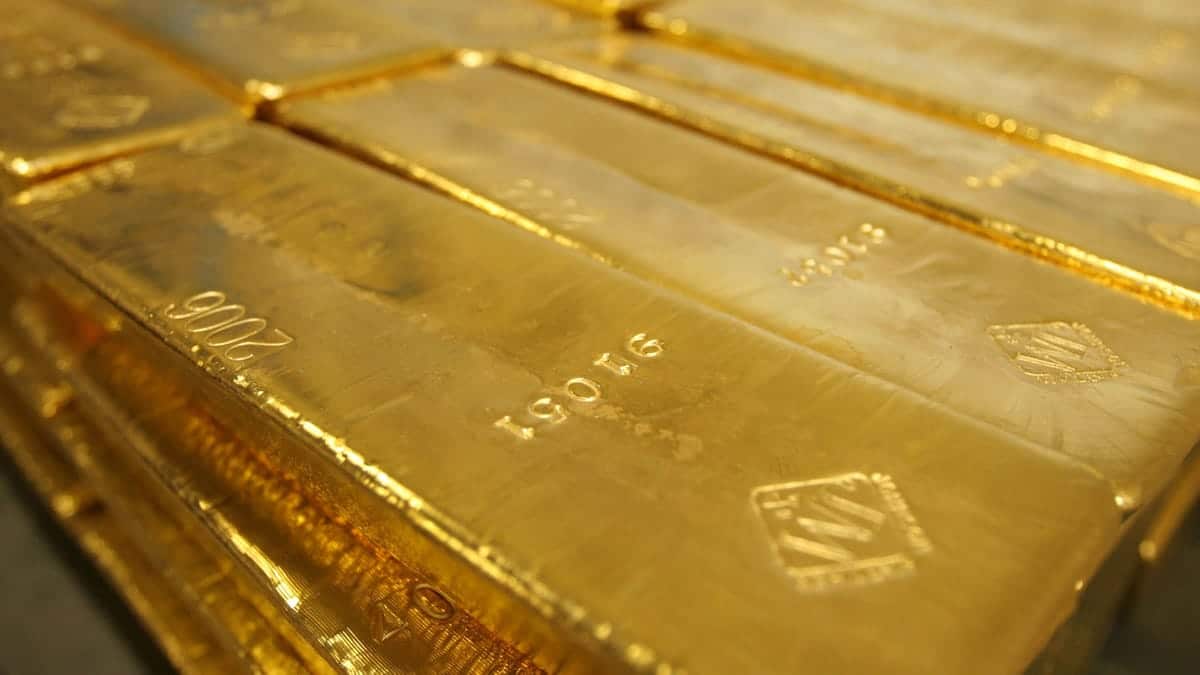 Stacks of 40 Troy ounce high fine gold bars in a vault at the United States Mint in West Point New York
