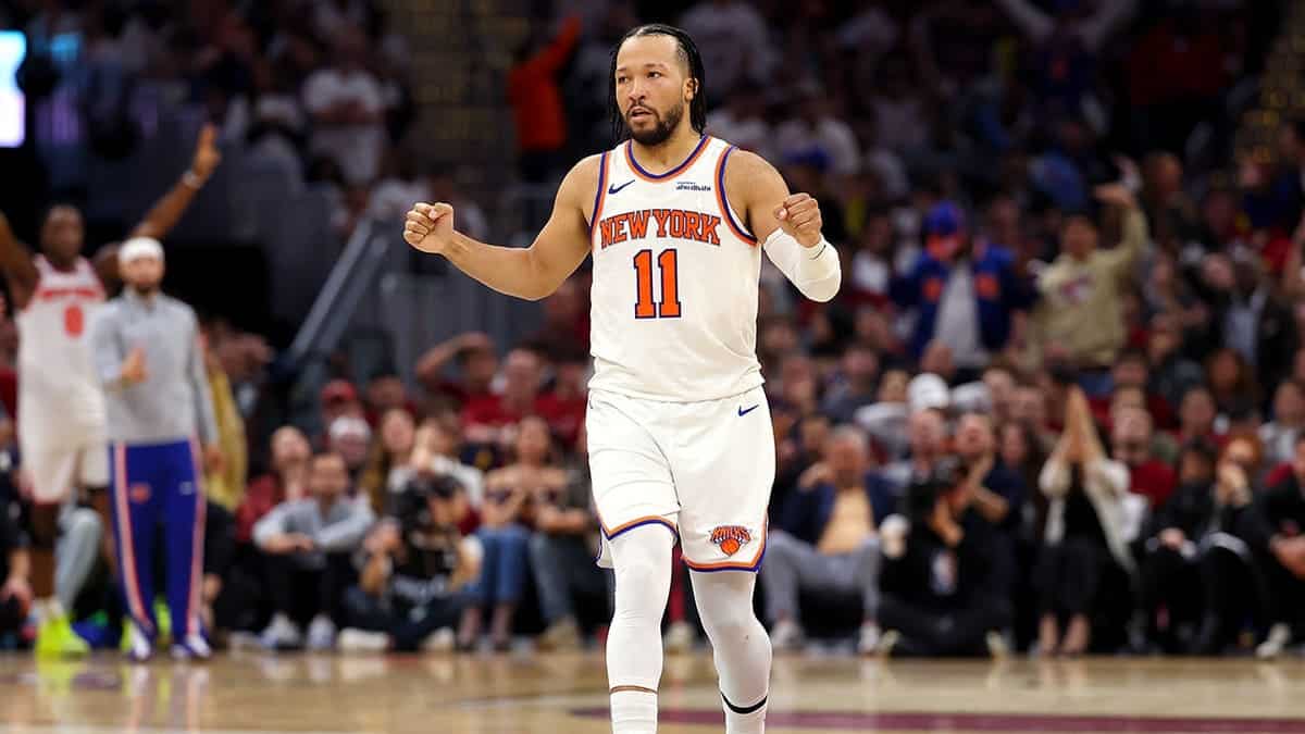 Jalen Brunson of the New York Knicks celebrating a basket during an NBA game.