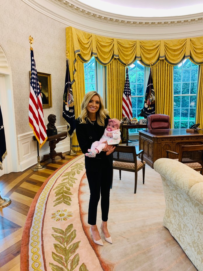 Former White House press secretary Kayleigh McEnany poses with her newborn child in the Oval Office. (Photo Credit: Kayleigh McEnany)