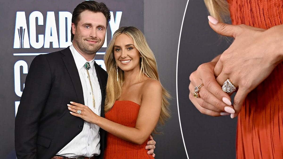 Split of Lainey Wilson and Duck Hodges next to her wedding ring.