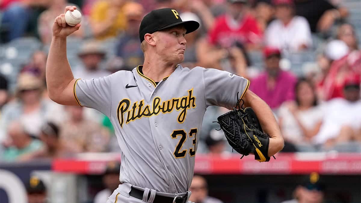 Pittsburgh Pirates pitcher Mitch Keller throwing a pitch during a baseball game.