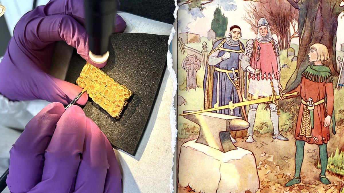 Split image of gold artifact, depiction of King Arthur