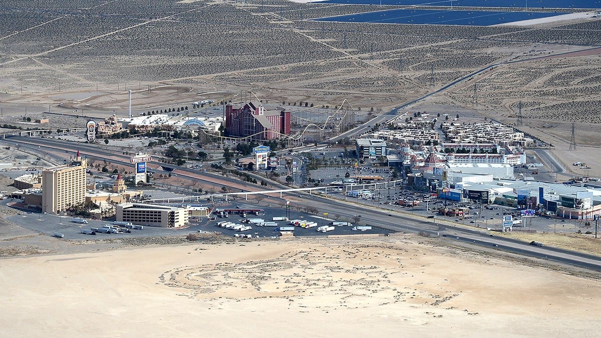 Aerial view of Primm with casinos, hotels, rollercoaster