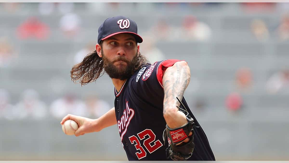 Trevor Williams pitching for the Washington Nationals at Truist Park in Atlanta