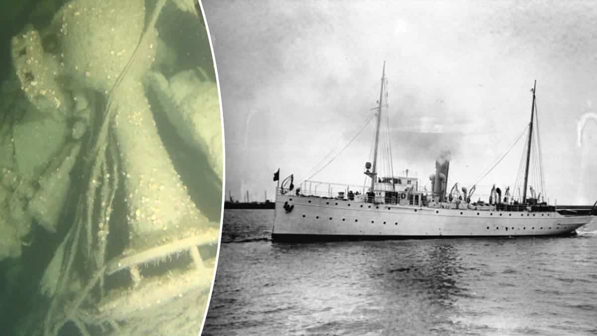Split image of underwater wreck, historical image of Tampa ship