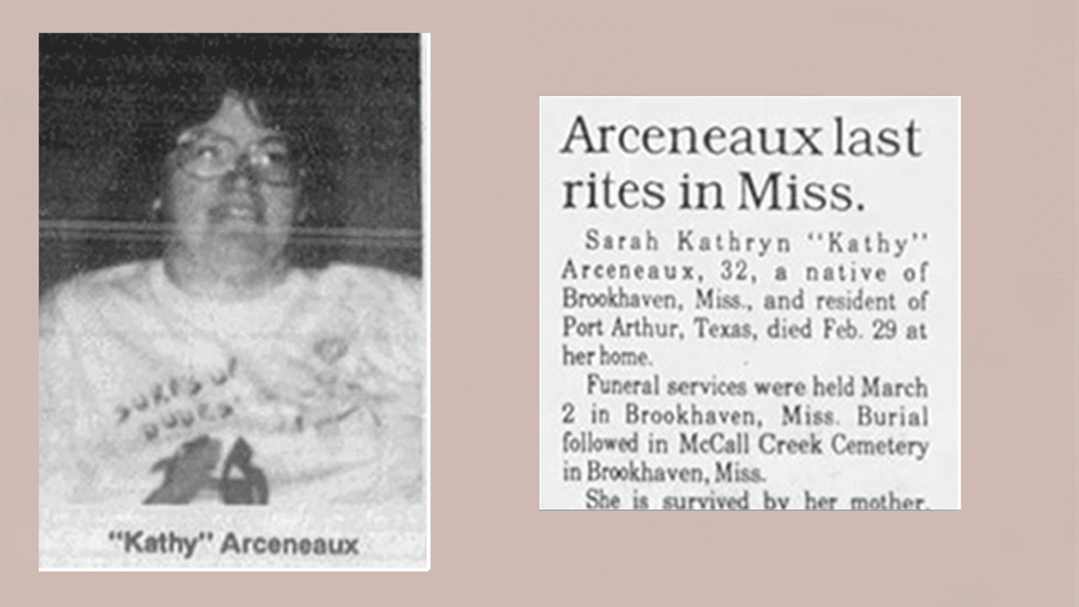 newspaper clipping for Kathy Arceneaux murder from 1996