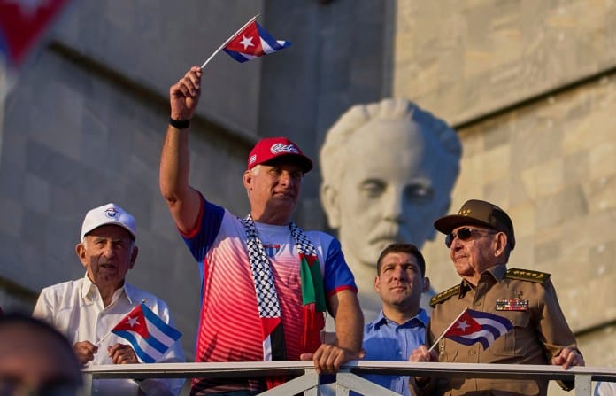 Left to right: Cuban revolutionary Jose Ramon Machado Ventura, Cuban President Miguel Diaz-Canel, and Raul Castro. (Ramon Espinosa/AP)