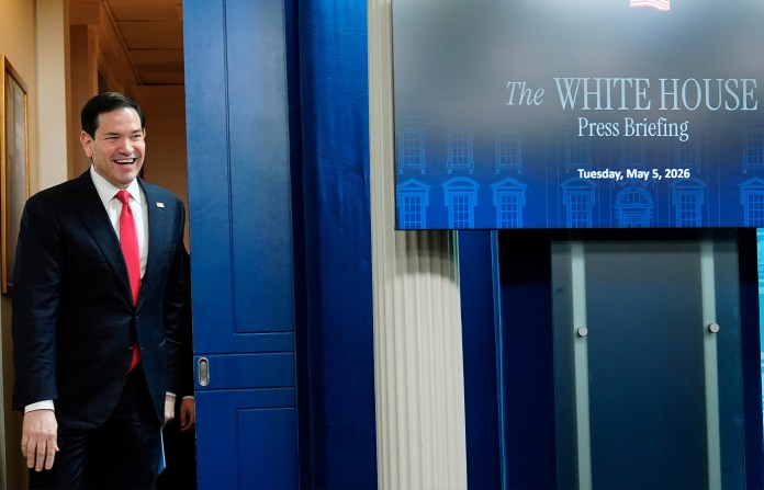 Secretary of State Marco Rubio walks out to speak to reporters in the James Brady Press Briefing Room at the White House, Tuesday, May 5, 2026, in Washington. (AP Photo/Jacquelyn Martin)