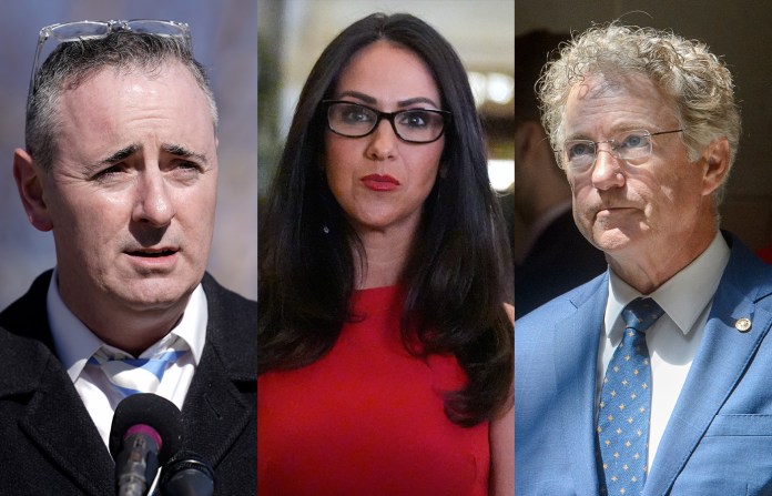 Left to right: Rep. Brian Fitzpatrick (R-PA), Rep. Lauren Boebert (R-CO), and Sen. Rand Paul (R-KY) (Matt Rourke/AP; Mark Schiefelbein/AP; Rod Lamkey, Jr./AP)