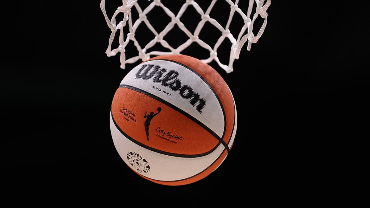 A WNBA logo on a basketball during warmups at Climate Pledge Arena in Seattle