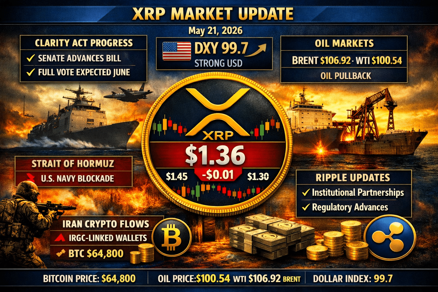 XRP Stalls at $1.36 as CLARITY Act Crawls Forward and War Keeps the Dollar on Steroids