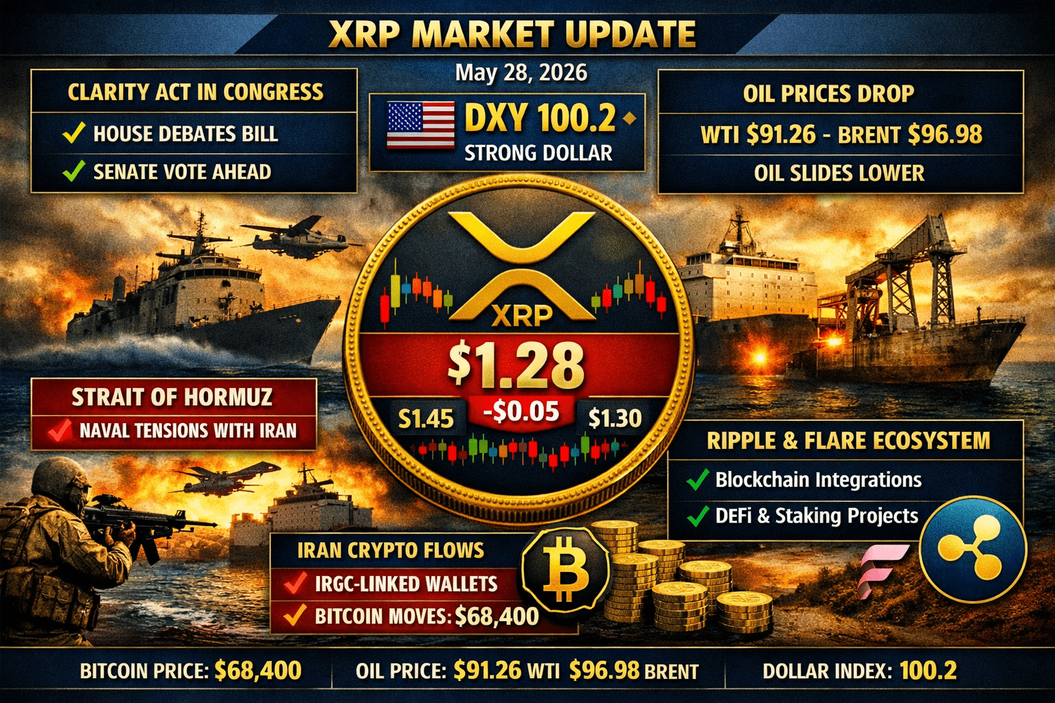 MAJOR UPDATE: XRP Sinks to $1.28 as U.S. Strikes Iran and the CLARITY Act Stalls in Congress