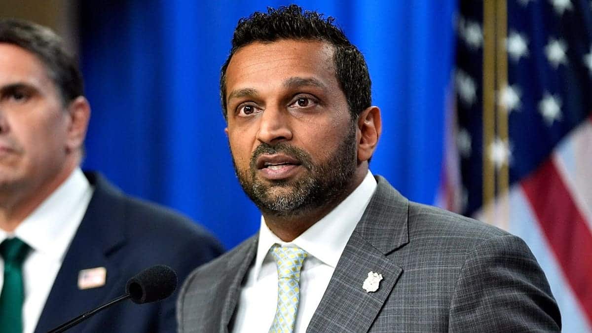 Acting Attorney General Todd Blanche and FBI Director Kash Patel speaking at a news conference