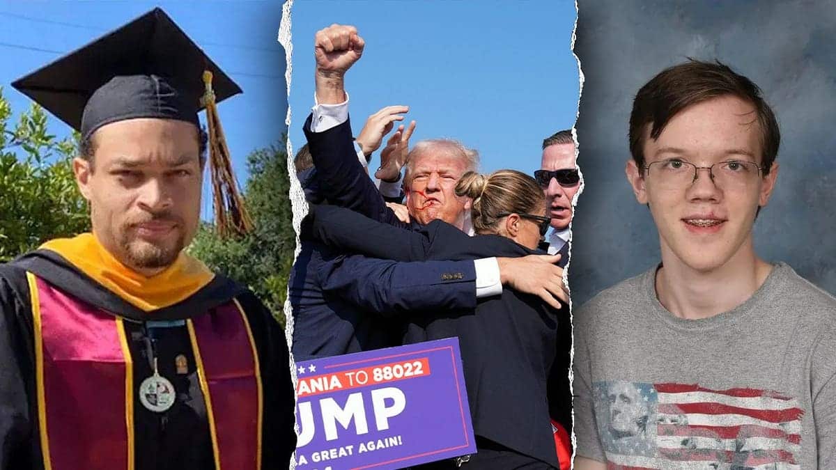 Split image of Cole Allen, former President Donald Trump after assassination attempt, and Thomas Crooks