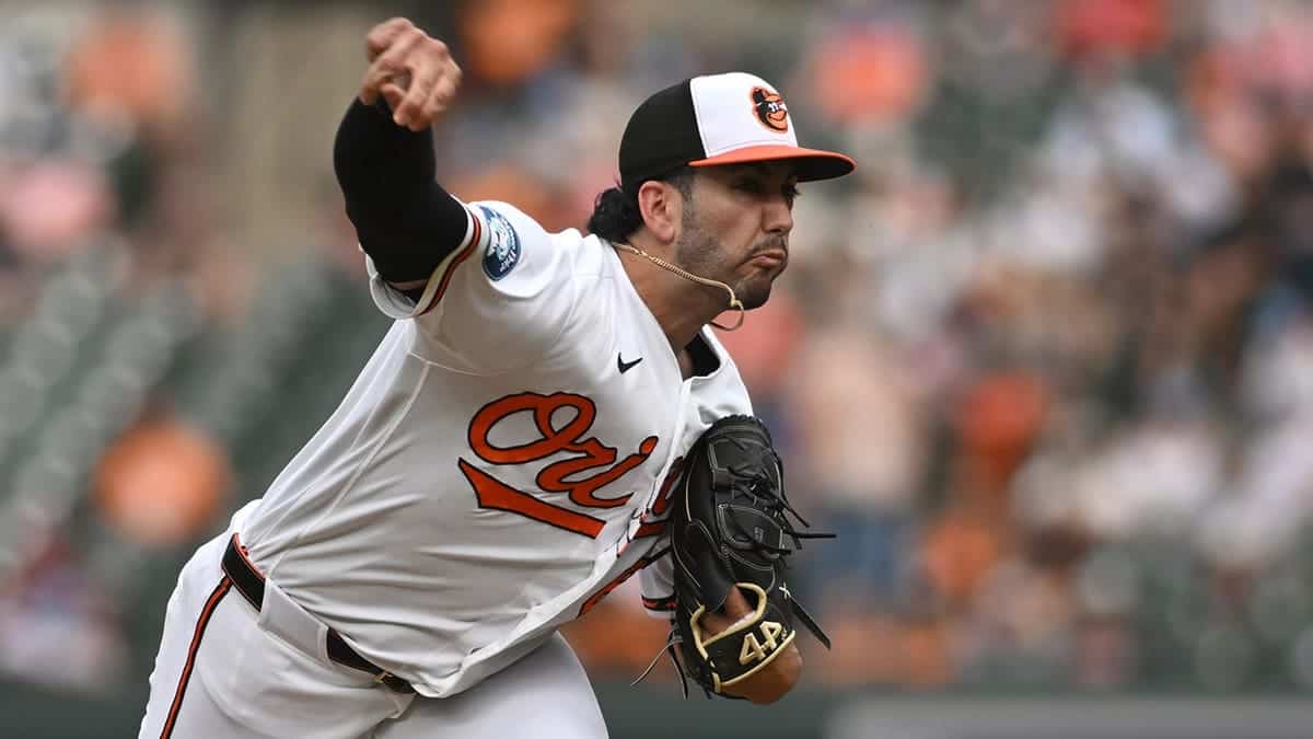 Baltimore Orioles pitcher Anthony Nunez pitching during a baseball game.