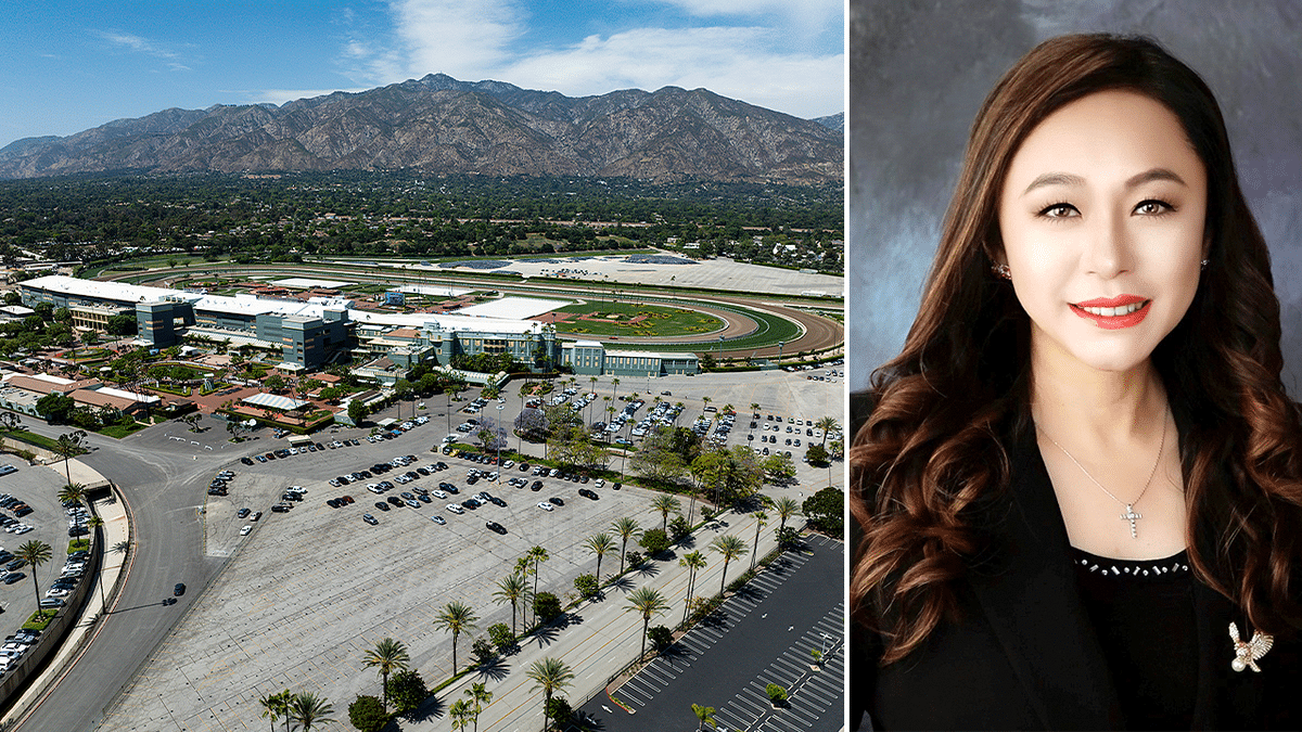 Aerial view of Arcadia, California alongside a portrait of former Mayor Eileen Wang, who is charged with acting as an illegal agent for China