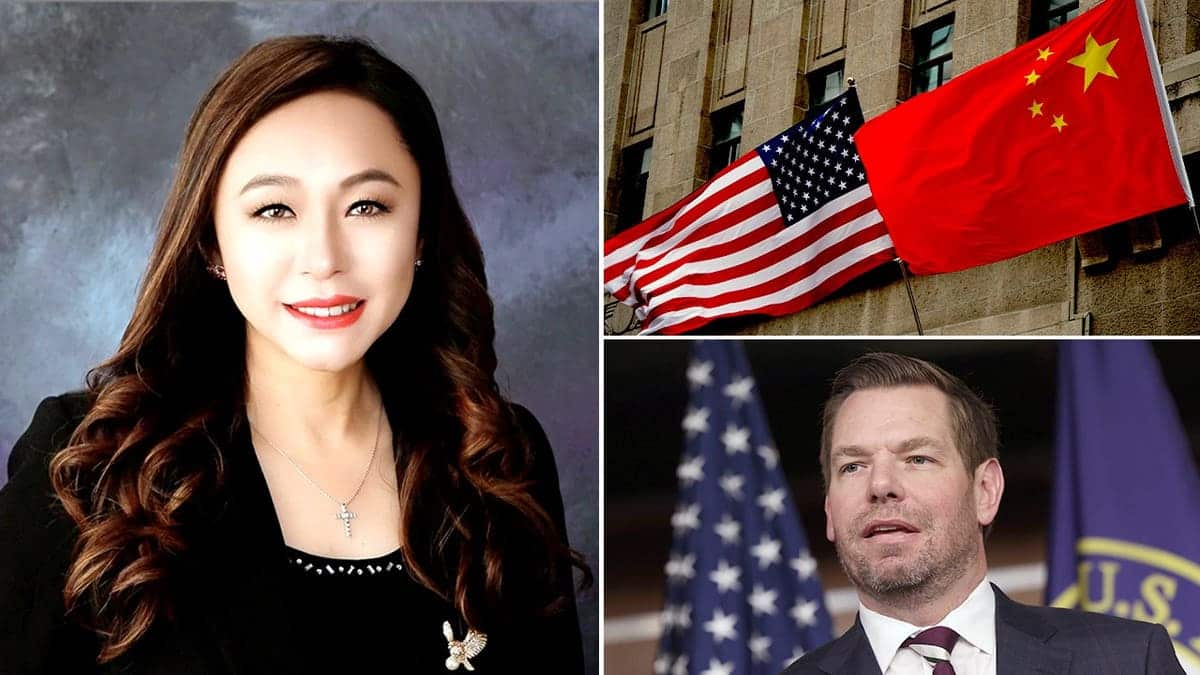 Former Arcadia Mayor Eileen Wang, U.S. and Chinese flags, and Rep. Eric Swalwell amid China-linked scrutiny