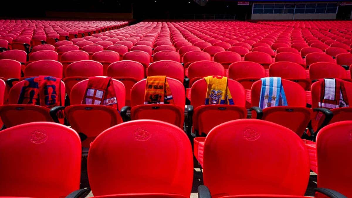 A view of team scarves on seats at Arrowhead Stadium ahead of the 2026 World Cup.