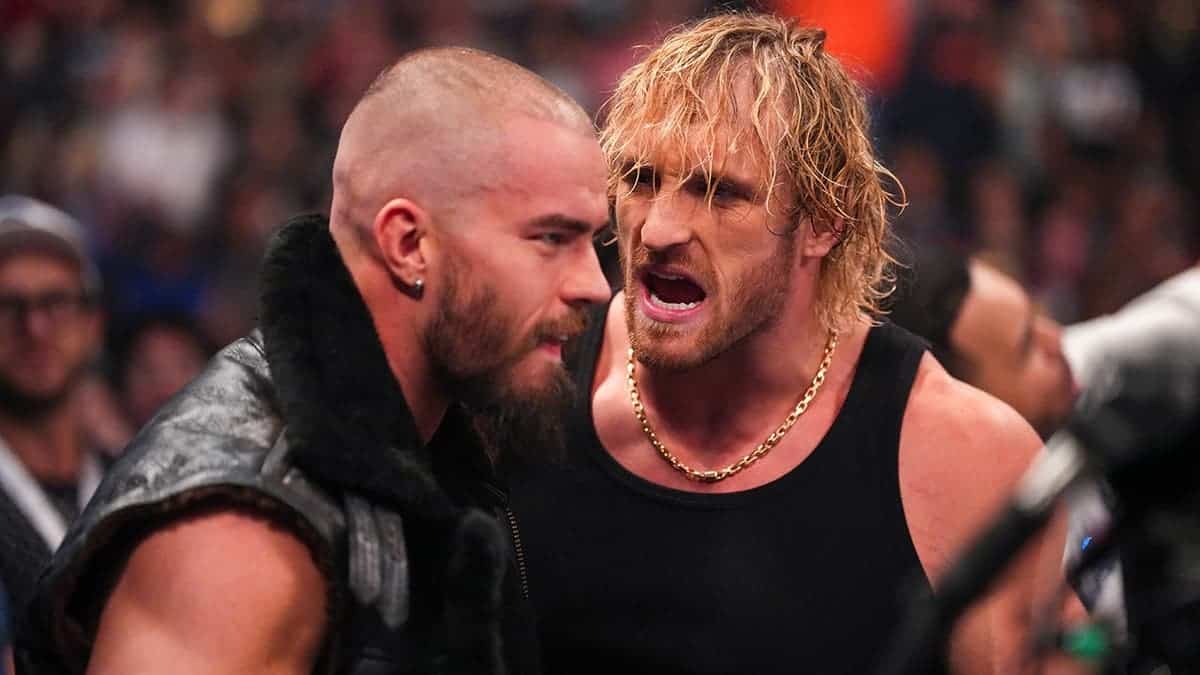 Austin Theory and Logan Paul speaking during WWE Backlash event in Tampa, Florida