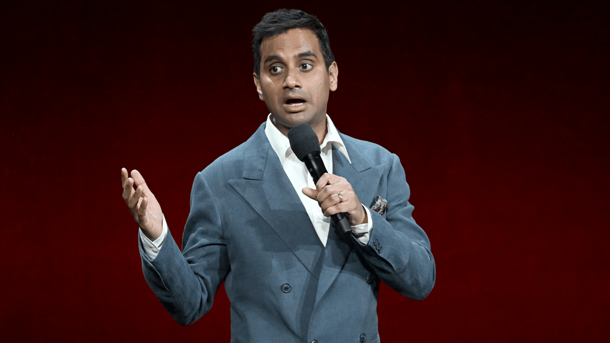 Aziz Ansari speaking onstage at Caesars Palace in Las Vegas