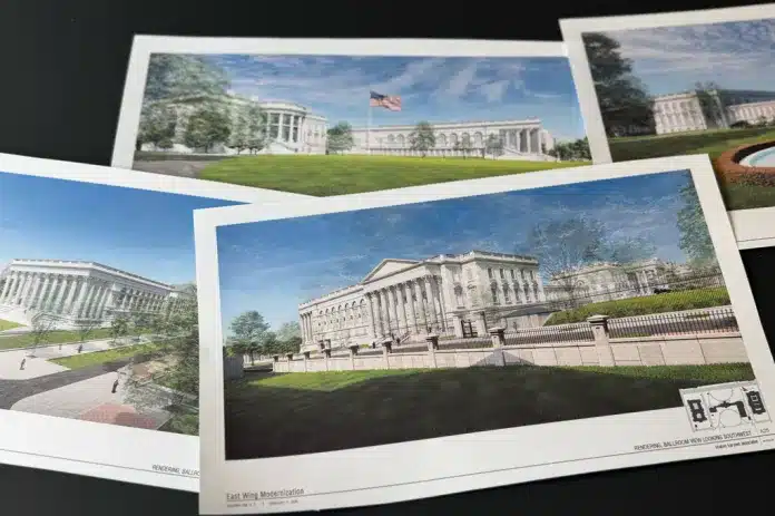 Artist renderings of the new White House East Wing and Ballroom.