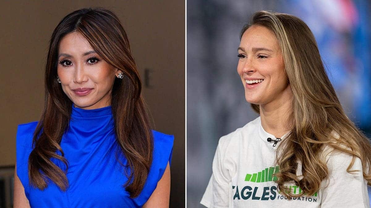Split of Brenda Song in a blue turtleneck dress and Kylie Kelce in an Eagles tee shirt.