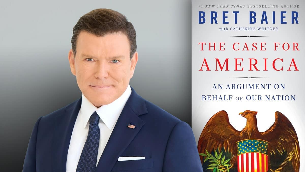 A split image of Fox News anchor Bret Baier and book cover