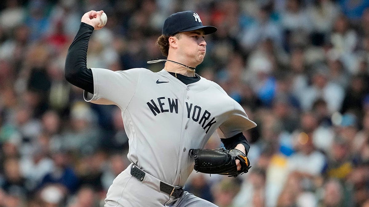 New York Yankees' Cam Schlittler pitching during a baseball game in Milwaukee