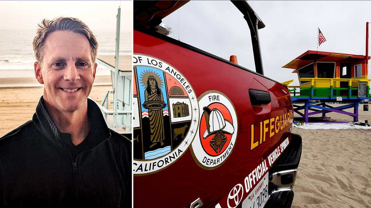 Captain Jeffrey Little headshot and Pride Flag Lifeguard Tower in Venice Beach, California.