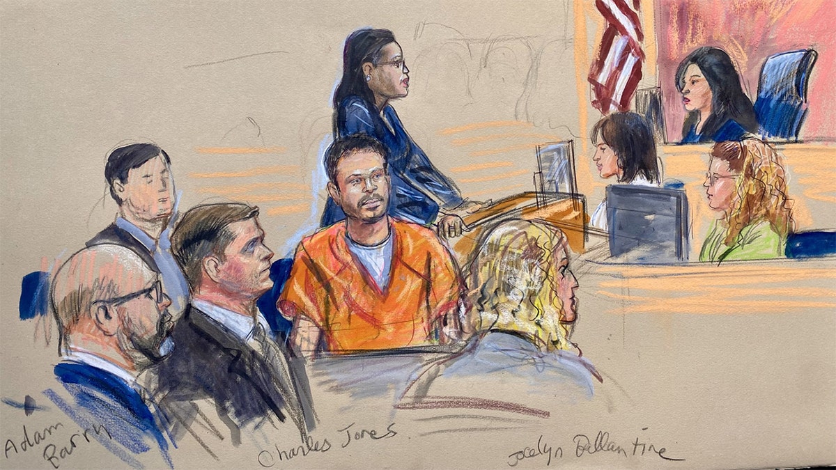 Sketch of Cole Allen at a court hearing in Washington, D.C.
