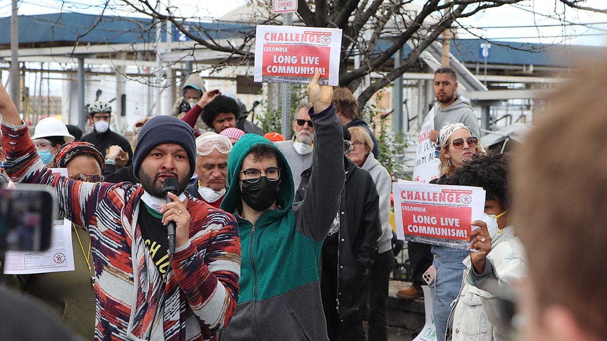 Communist groups gather outside Delany Hall in Newark, N.J., Saturday, May 30, 2026.