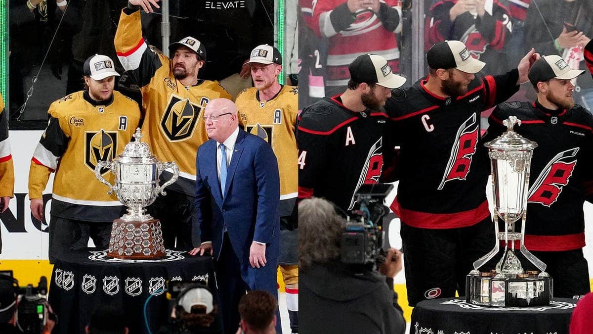 Golden Knights and Hurricanes with conference trophies
