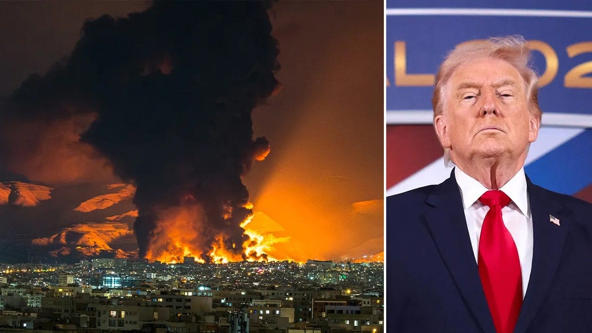 Donald Trump speaking with a split image of smoke over Iran