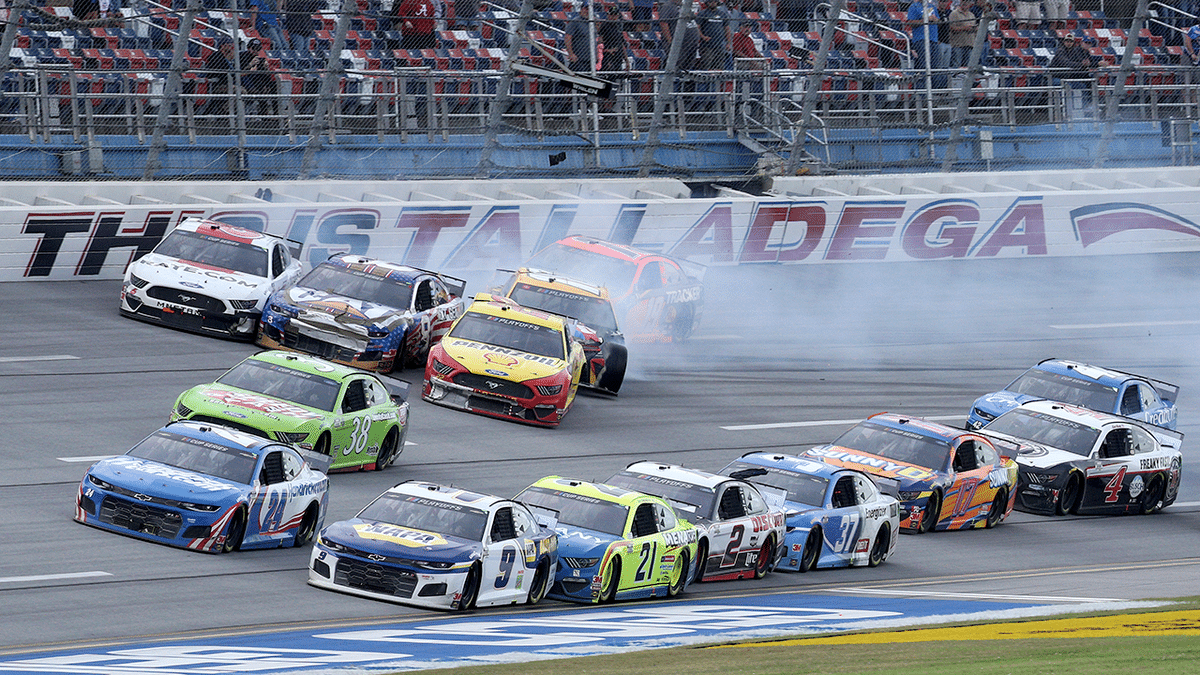 Chase Elliott and William Byron leading a NASCAR race at Talladega Superspeedway