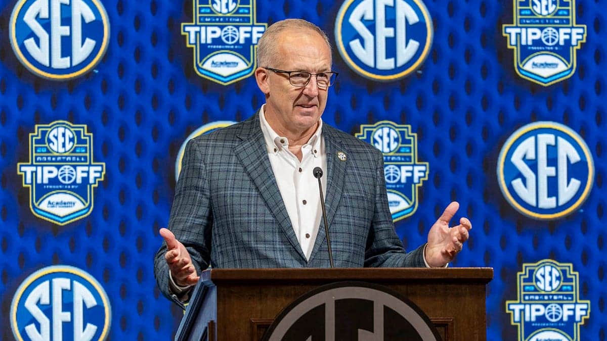 SEC commissioner Greg Sankey speaking to media at Grand Bohemian Hotel