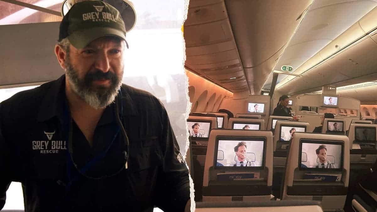 Bryan Stern, left, pictured alongside a mostly-empty evacuation flight, right.