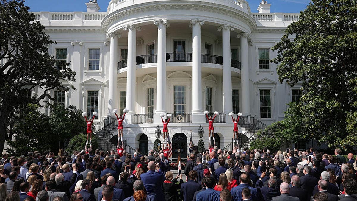 Indiana Hoosiers cheerleaders performing at the White House in Washington, D.C.