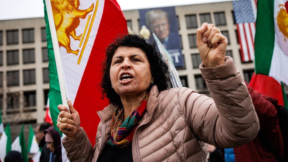 Protesters holding signs and flags rally in Washington, D.C.