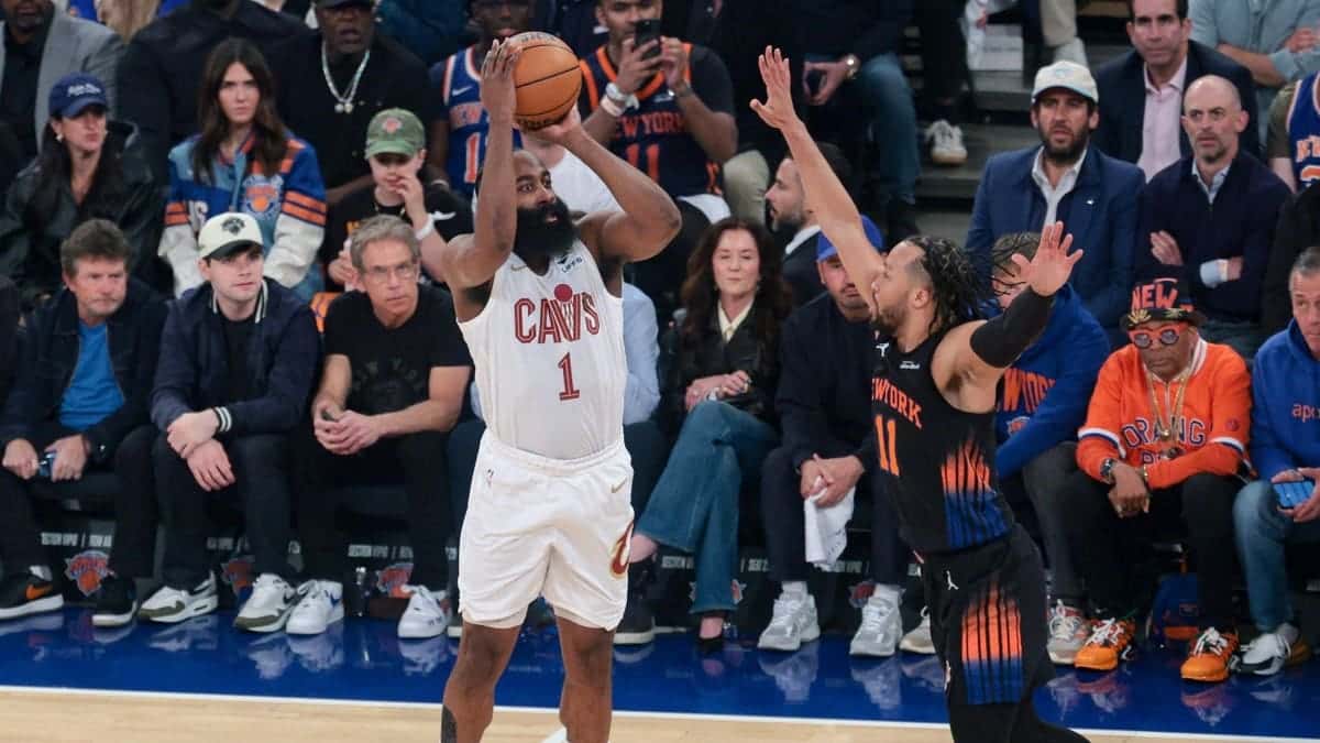 Cleveland Cavaliers PG James Harden chucks a 3-pointer over New York Knicks PG Jalen Brunson during Game 2 of their conference finals series in the 2026 NBA playoffs.