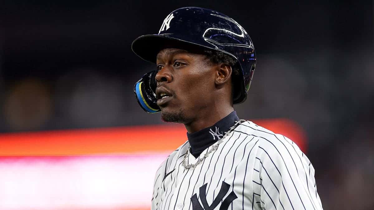 New York Yankees second baseman Jazz Chisholm Jr. reacting on the field at Yankee Stadium