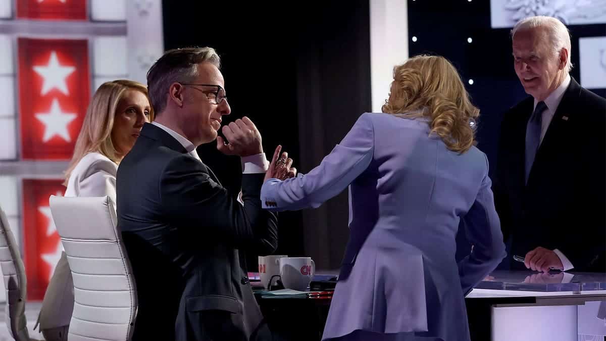 U.S. President Joe Biden and first lady Jill Biden talking to CNN anchors Jake Tapper and Dana Bash at CNN Studios in Atlanta