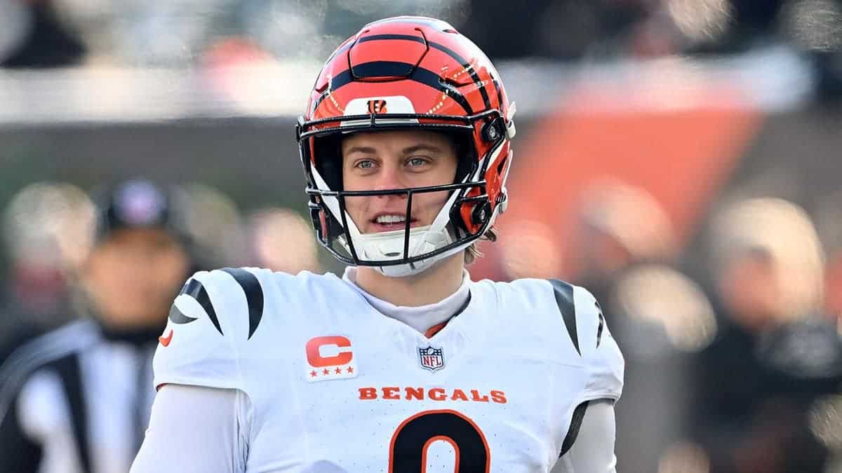 Joe Burrow warming up on the field at Paycor Stadium in Cincinnati