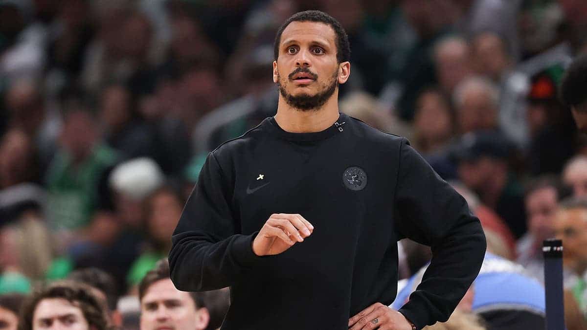 Head coach Joe Mazzulla of the Boston Celtics watching during NBA playoff game at TD Garden