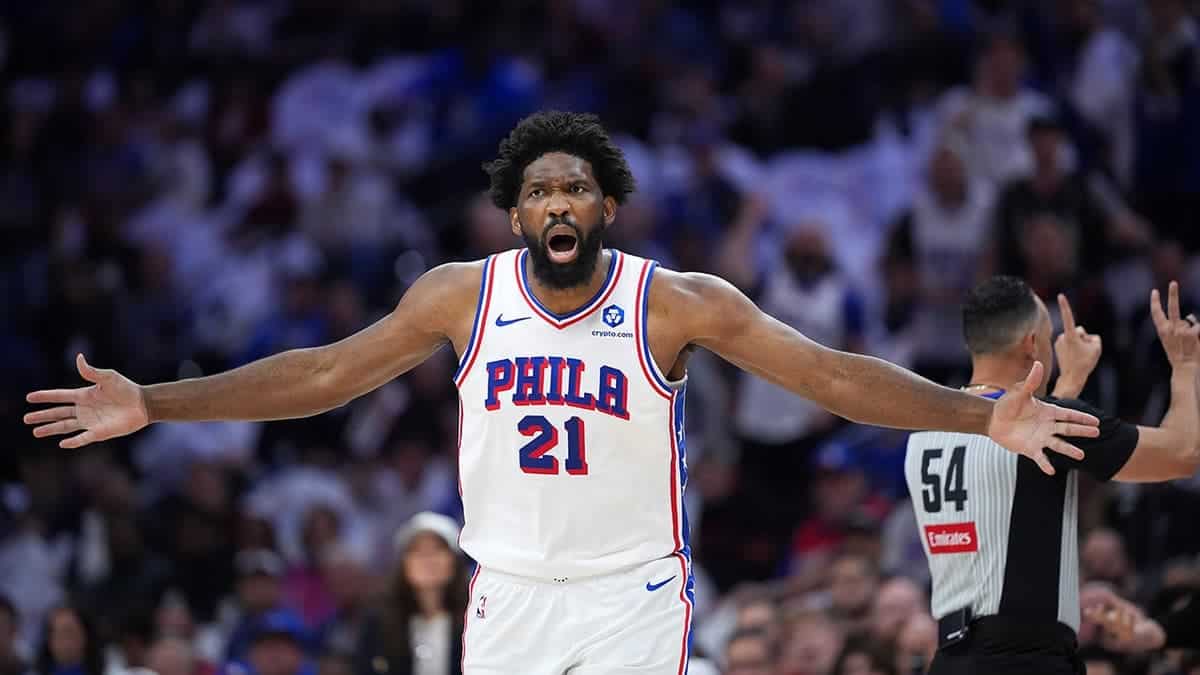 Philadelphia 76ers' Joel Embiid reacting after a foul call during NBA playoff game