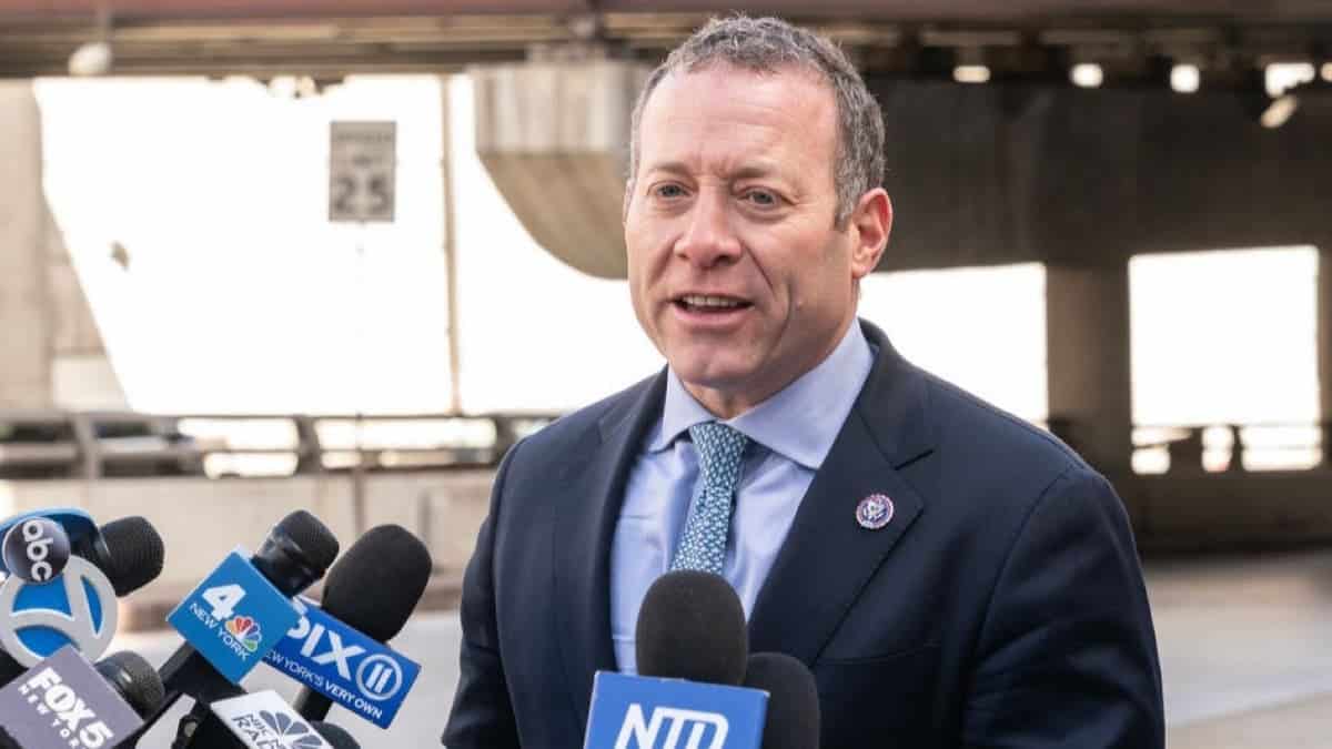 Congressman Josh Gottheimer speaking at a press conference near the Lincoln Tunnel