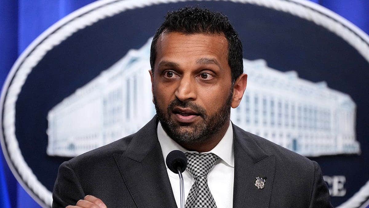 FBI Director Kash Patel speaking at a news conference at the Justice Department