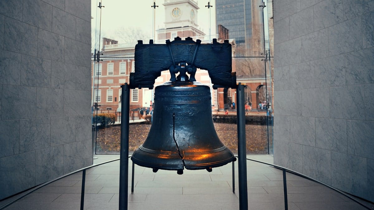 The Liberty Bell displayed in its Philadelphia shrine.
